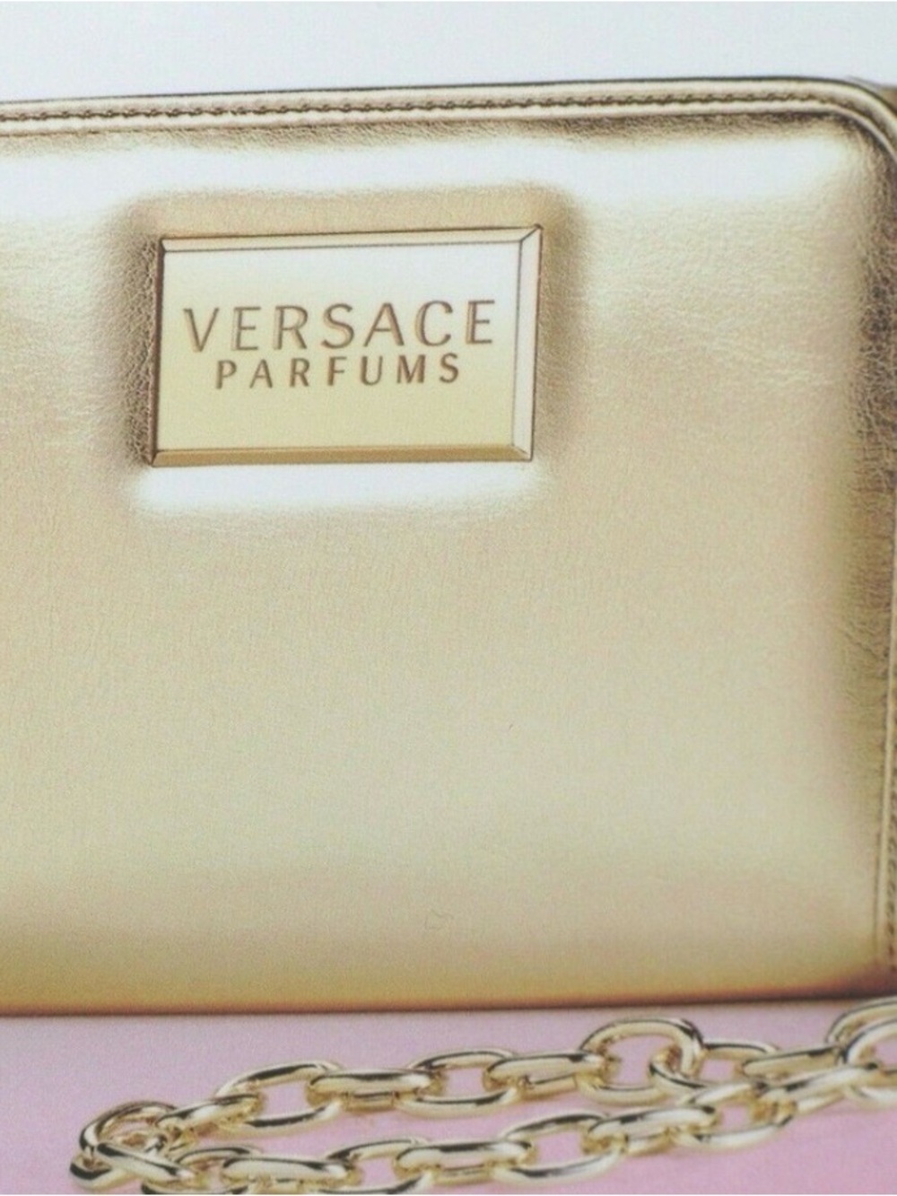 Versace Parfums Metallic gold wallet/bag organizer with gold chain. NEW